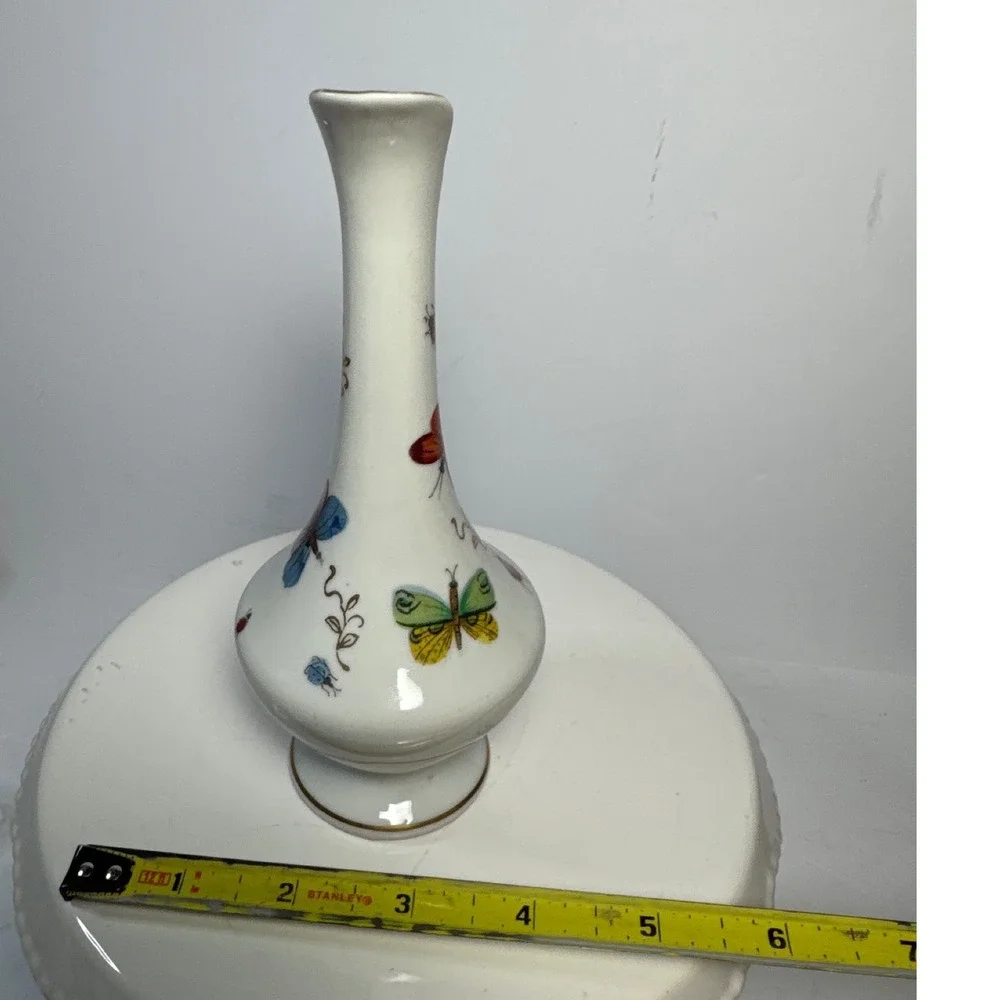 Lenwile China Ardalt Bud Vase Japan White 6.75in Butterfly Ladybug Gold Trim